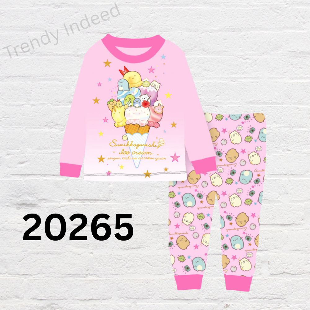 Kids pajama set ages 9–14 with Sumikko Gurashi, Pokémon, and Demon Slayer themes