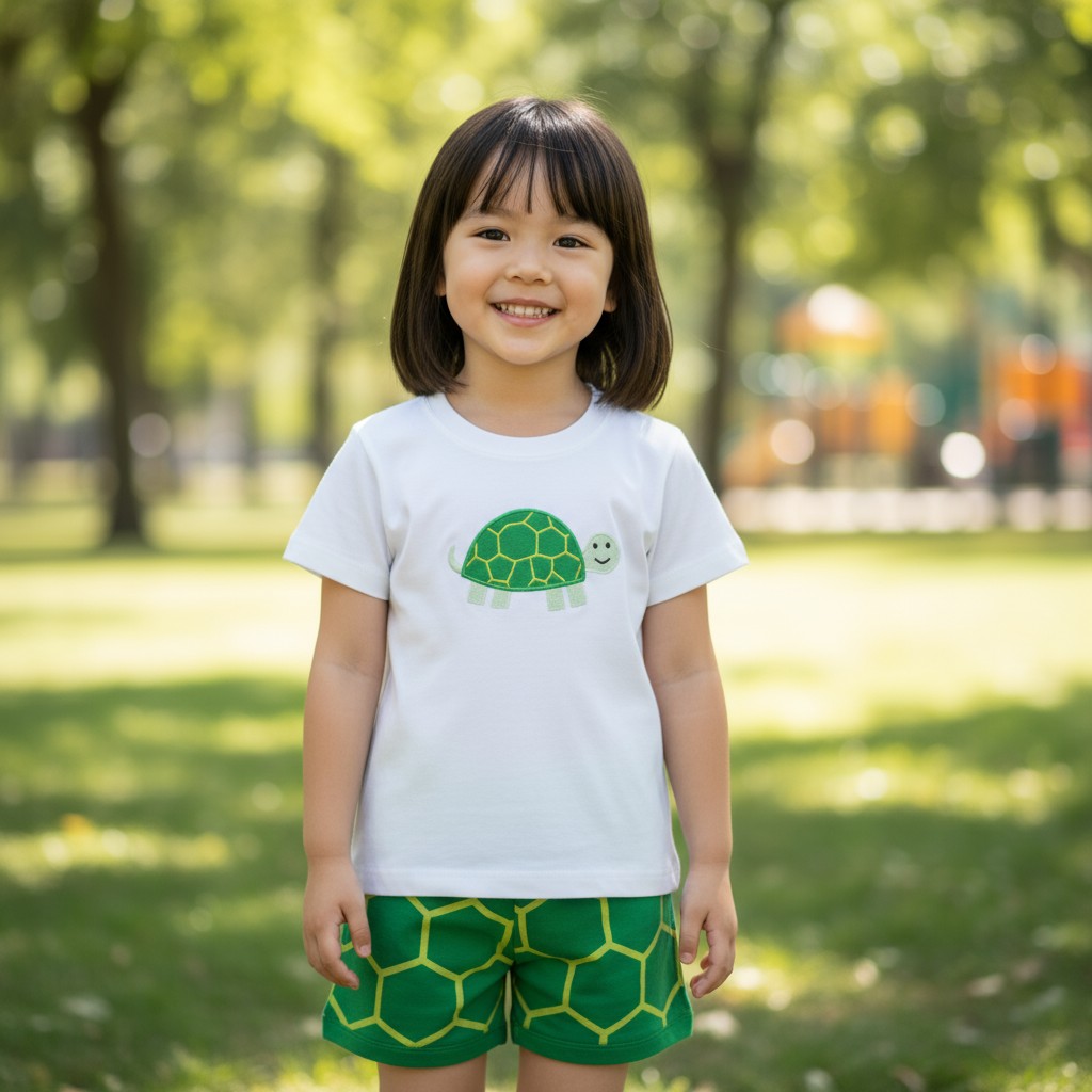 Kids cotton nightwear set with green turtle print