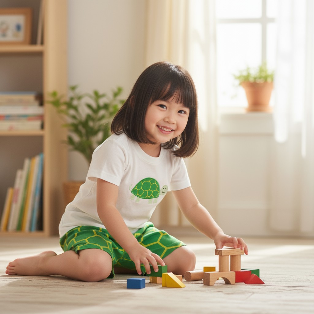 Soft cotton kids sleepwear with green turtle cartoon
