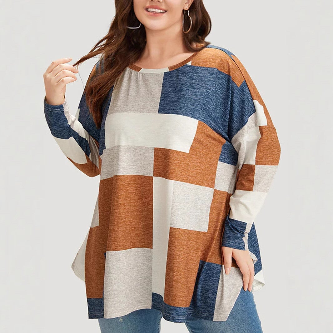 Women’s plus size long sleeve color block printed shirt