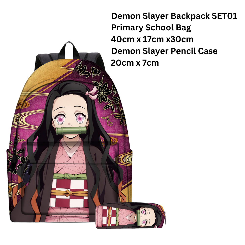 Demon Slayer style primary school backpack set with matching pencil case
