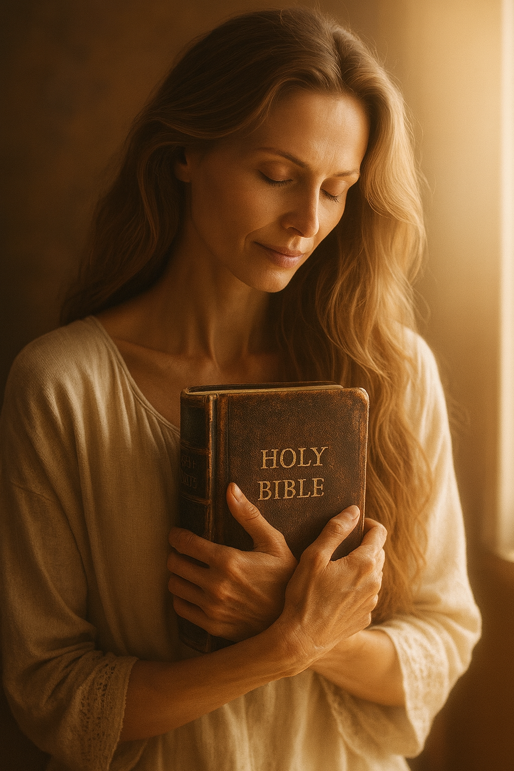 a godly woman holding the holy bible to her chest believing God for the restoration of her marriage