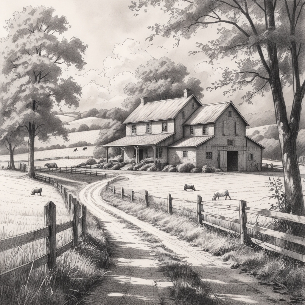 A beautiful hand drawn pencil sketch of a farm house - Payhip