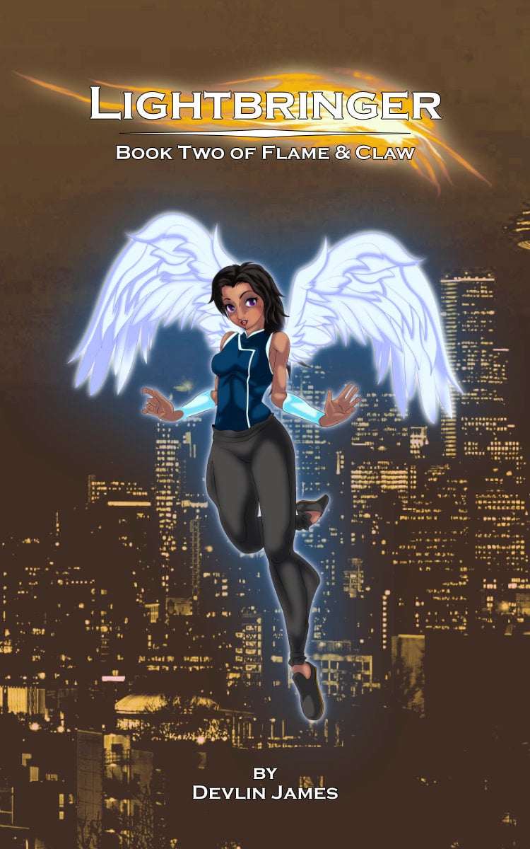 Digital art of the cover for Lightbringer, book two of Flame & Claw, an urban fantasy trilogy set in Seattle, WA, USA. The cover features a slice of the night time city skyline, awash in deep golden hues. Suspended in the center is a winged glowing young