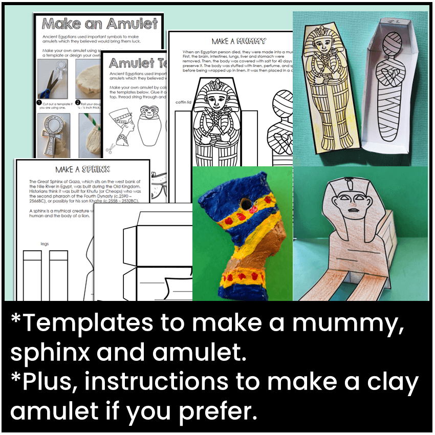 Templates to make a mummy, sphinx, and amulet.