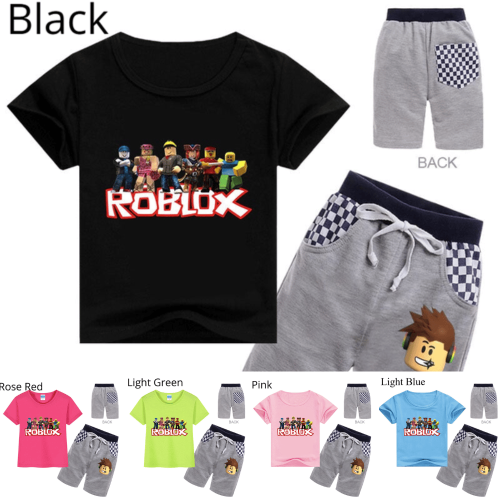 Kids Roblox-inspired two-piece outfit with cartoon print top and shorts