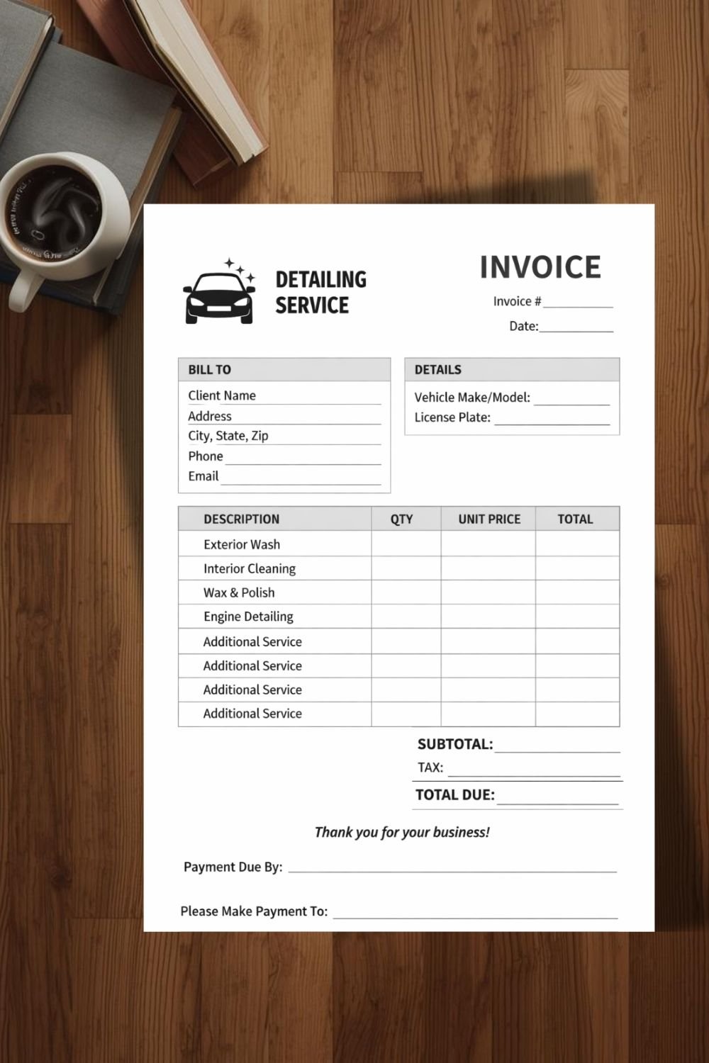 Auto detailing invoice template for car and mobile detailing services