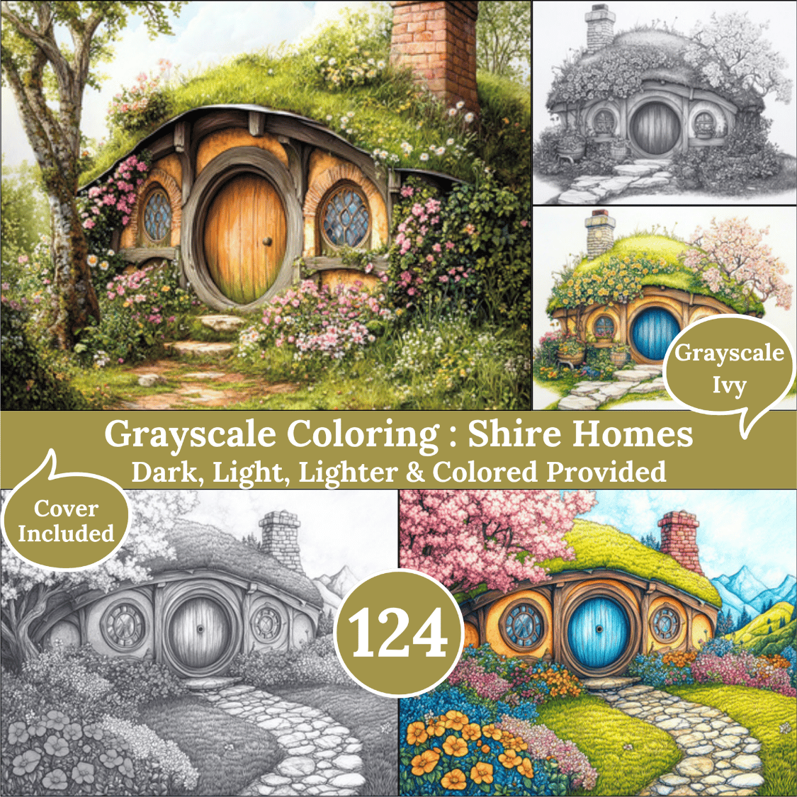 Shire Homes, 124 Coloring Pages, Grayscale Drawings, Dark Light Lighter and Colored Versions, Digital Art, Hobbit Homes