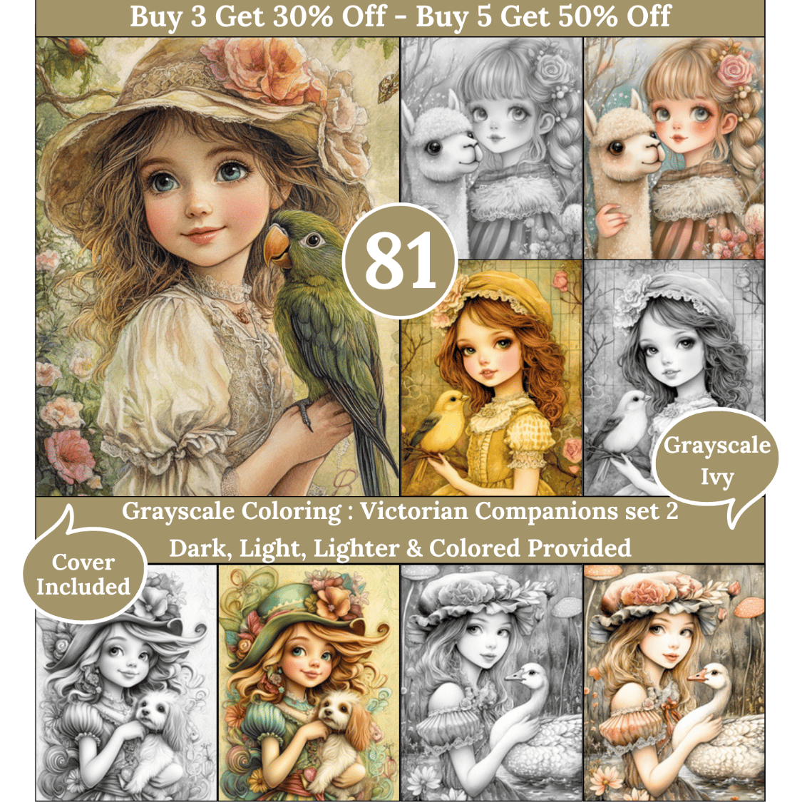 Victorian Companions set 2, 81 Coloring Pages, Grayscale Drawings, Dark Light Lighter and Colored Versions, Digital Art, Girls and Pets