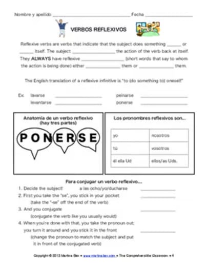 Reflexive verbs in Spanish, notes and reading