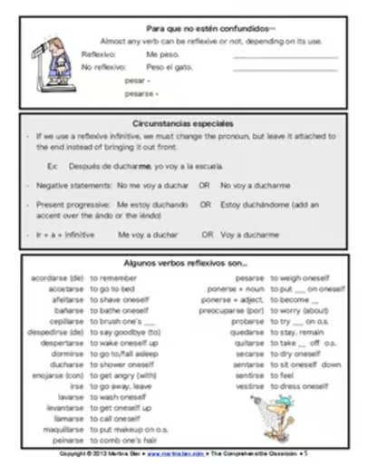 Reflexive verbs in Spanish, notes and reading