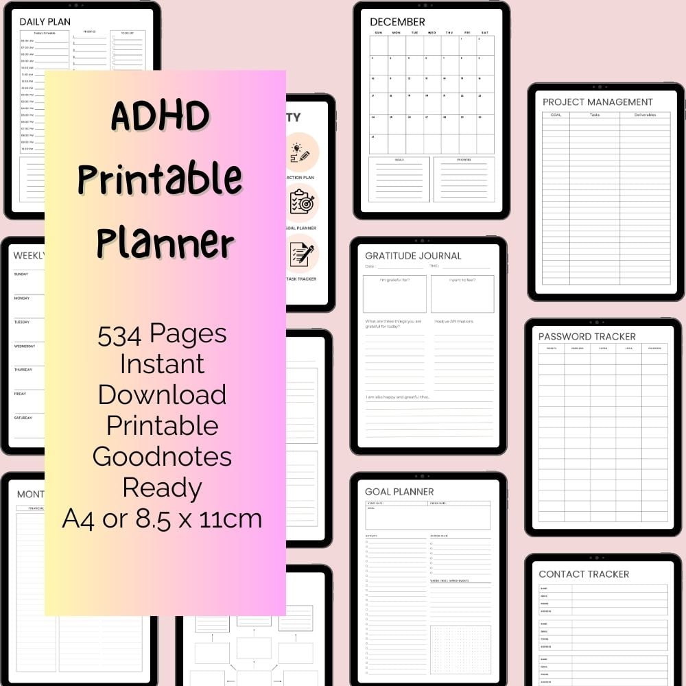 Focus and productivity ADHD planner printable for adults