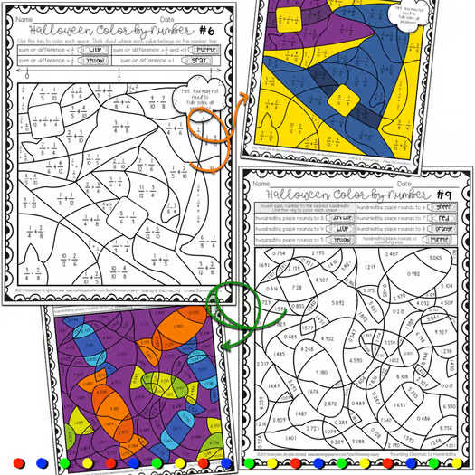 Halloween Fractions and Decimals Math Activity Color by Number Worksheets Halloween Fractions and Decimals Math Activity Color by Number Worksheets