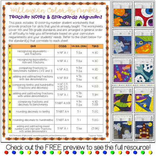 Halloween Fractions and Decimals Math Activity Color by Number Worksheets Halloween Fractions and Decimals Math Activity Color by Number Worksheets