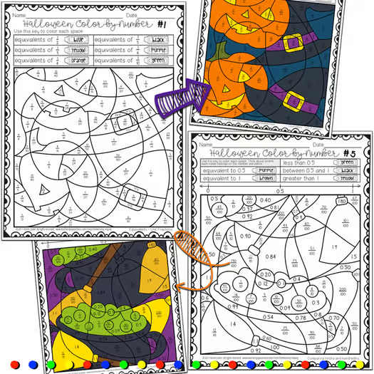 Halloween Fractions and Decimals Math Activity Color by Number Worksheets Halloween Fractions and Decimals Math Activity Color by Number Worksheets