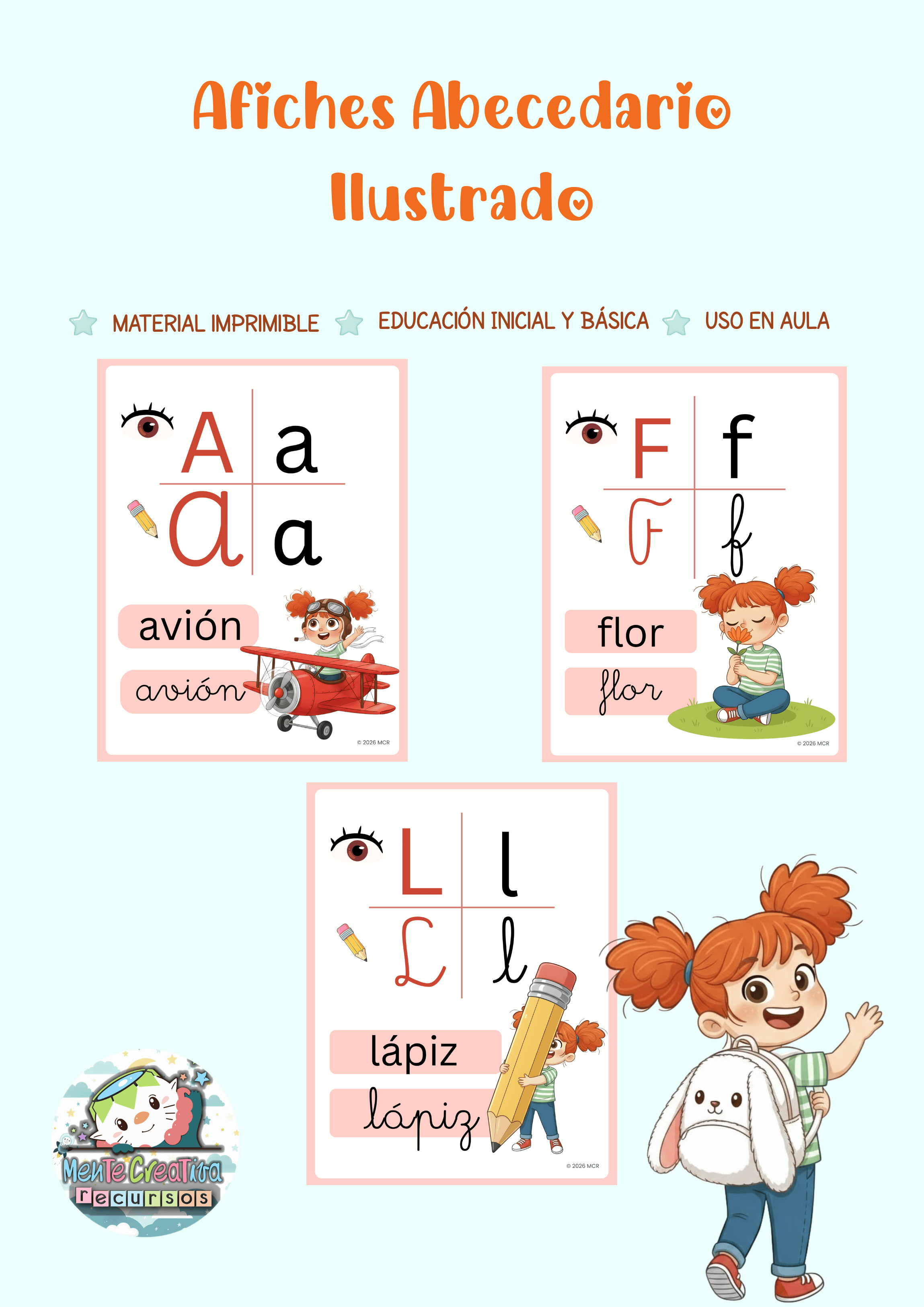 Afiches Abecedario Ilustrado | Letras Imprenta y Ligada | Decoración ...