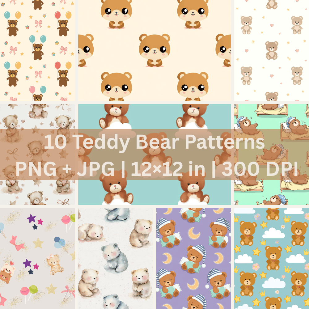 Cute baby teddy bear digital paper pack with pastel seamless patterns for scrapbooking and planners