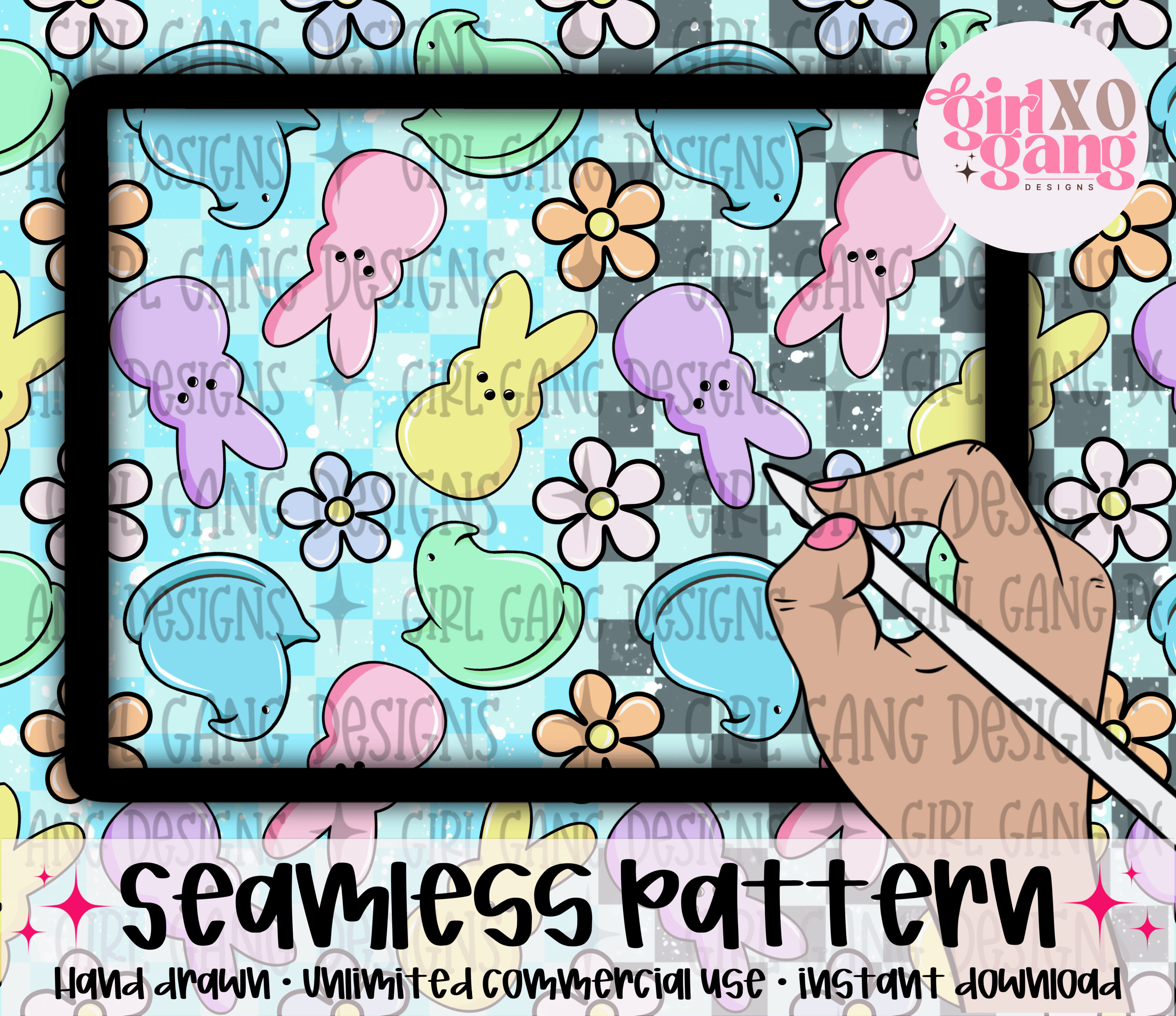 2 checker Easter bunny chick floral seamless pattern - Payhip