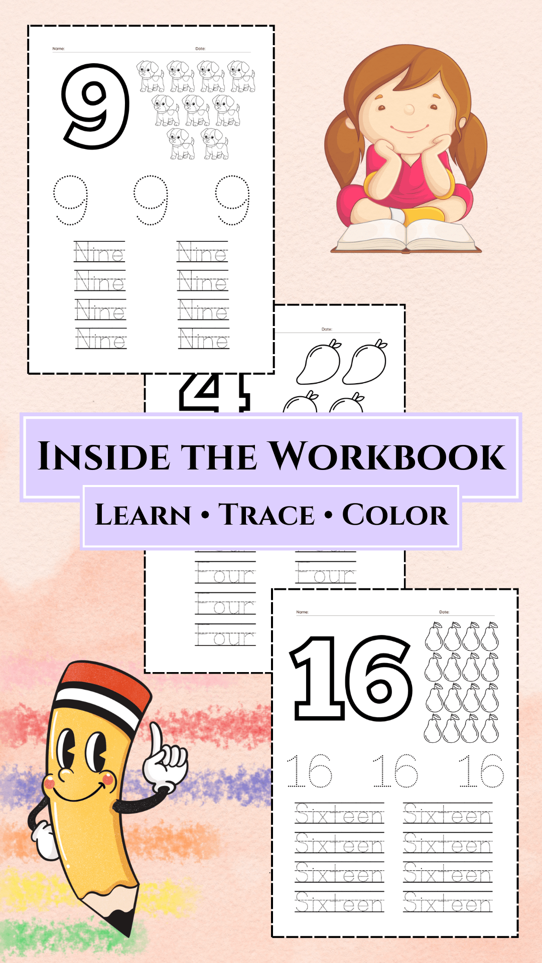 Inside view of preschool numbers 1–20 tracing and coloring workbook with number 9 and 16 practice pages
