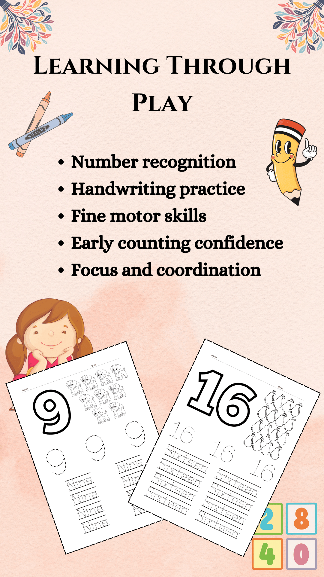 Preschool number tracing worksheets designed to build number recognition, handwriting practice, and fine motor skills