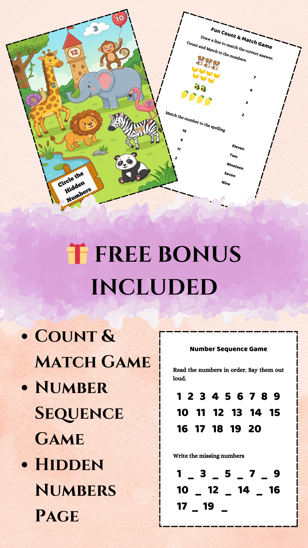 Preschool printable bonus activities including count and match game, number sequence game, and hidden numbers page