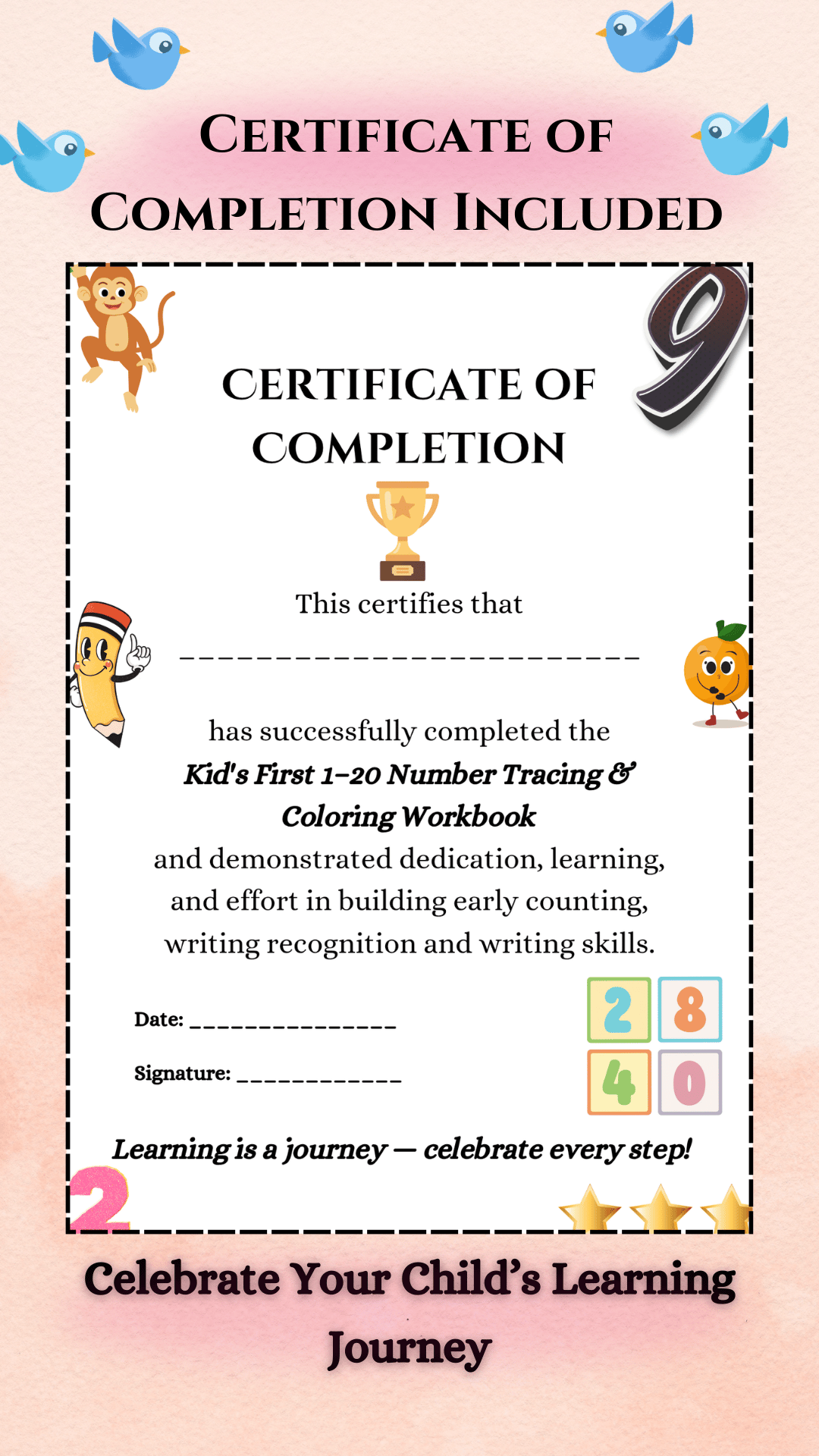 Printable certificate of completion included with preschool 1–20 numbers tracing and coloring workbook