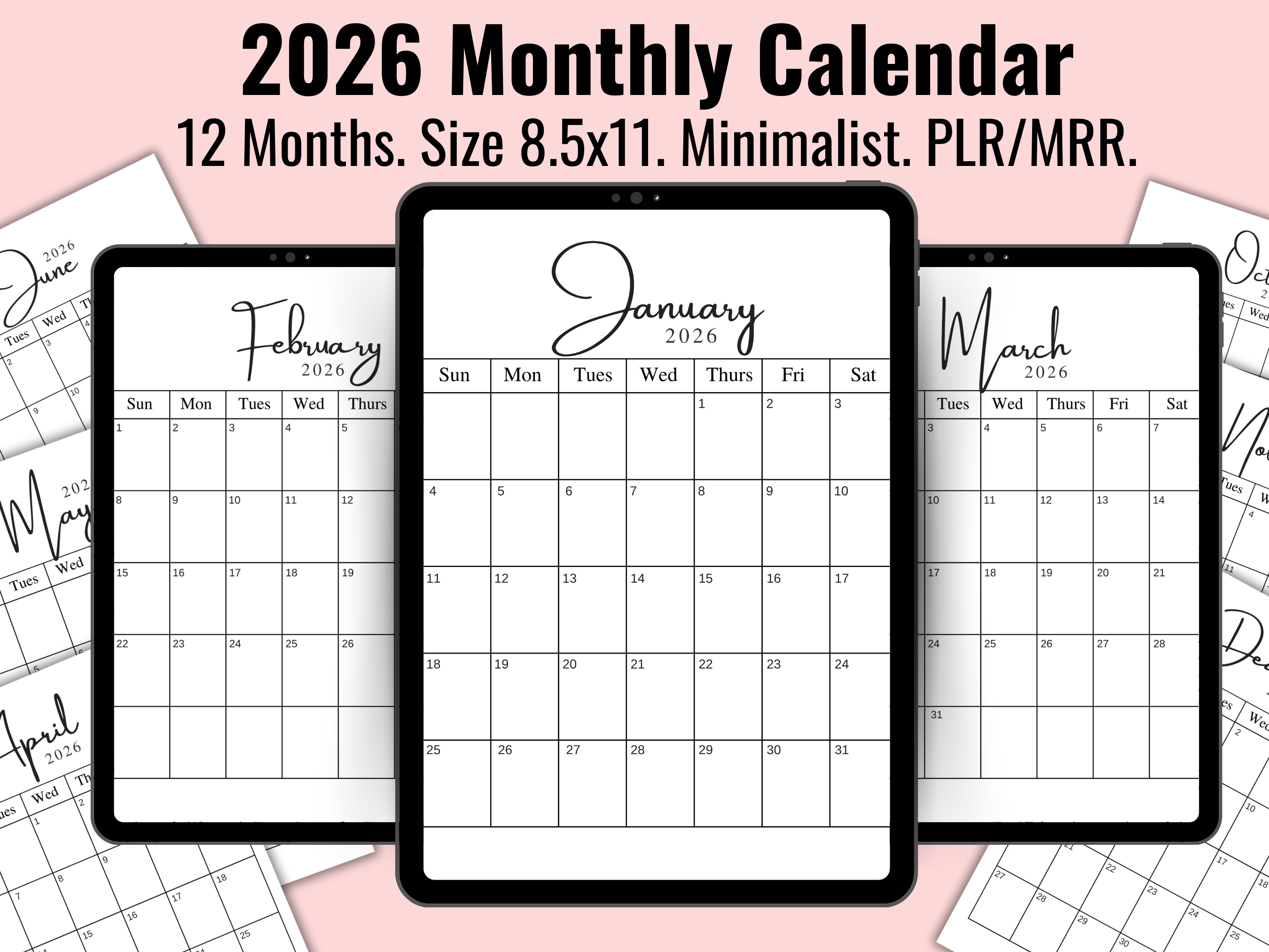2026 Monthly Calendar, 12 Months, Size 8.5x11, Minimalist