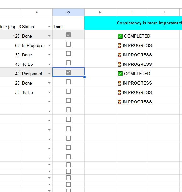 Detailed task status tracking in Google Sheets with automated "Completed" and "In Progress" labels, checkboxes, and motivational quotes for consistent productivity.