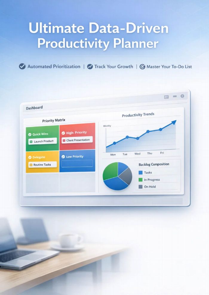 Ultimate Data-Driven Productivity Planner cover showing a clean dashboard with Priority Matrix, productivity trend charts, and backlog composition graphs.