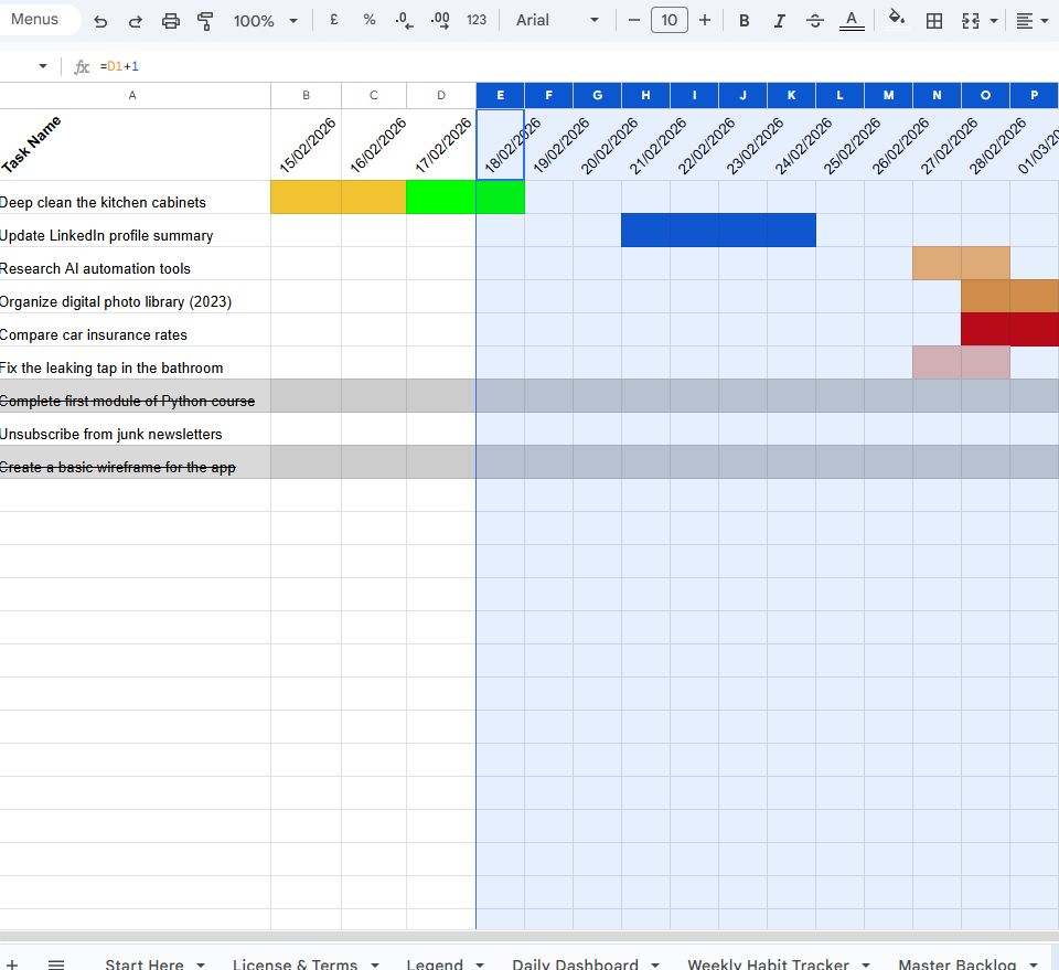 Automated Project Timeline in Google Sheets with color-coded Gantt chart bars for tracking task durations and deadlines visually.