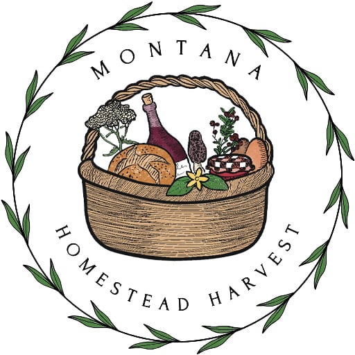 montana homestead harvest logo of a basket with wine, bread, mushroom, jam etc