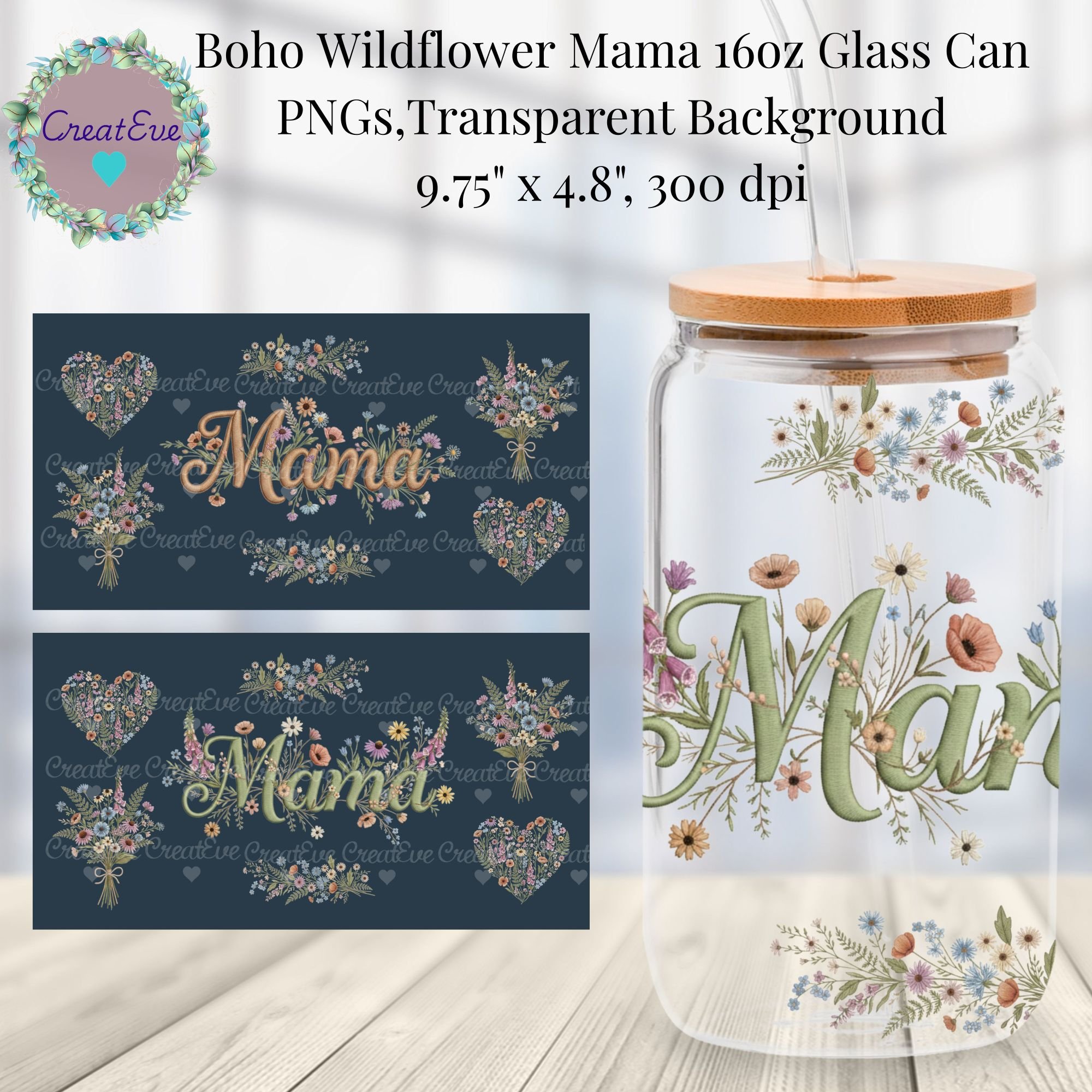 Boho Wildflower Mama Glass Can PNG Bundle | 16oz Libbey Wrap Design ...