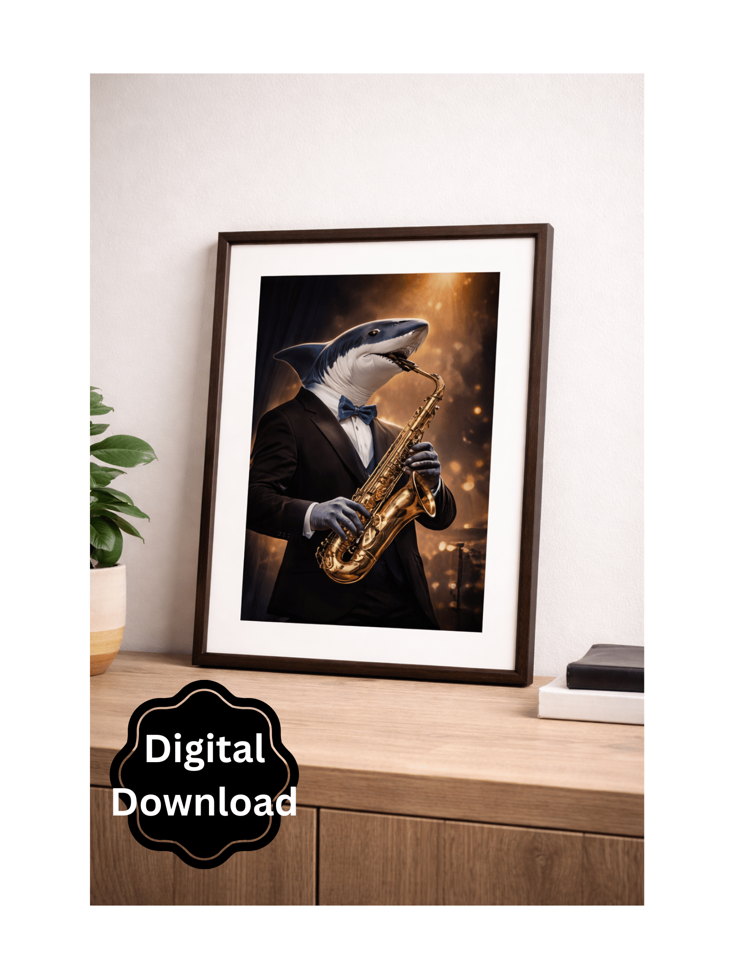 Shark Playing Saxophone Wall Art, Surreal Jazz Musician Portrait, Suit ...
