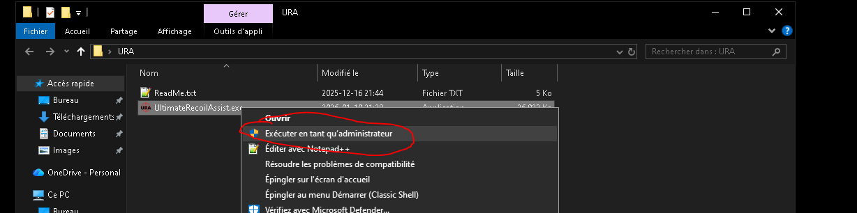 EN: Right-click UltimateRecoilAssist.exe → Run as administrator. FR : Clique droit sur UltimateRecoilAssist.exe → Exécuter en tant qu’administrateur.