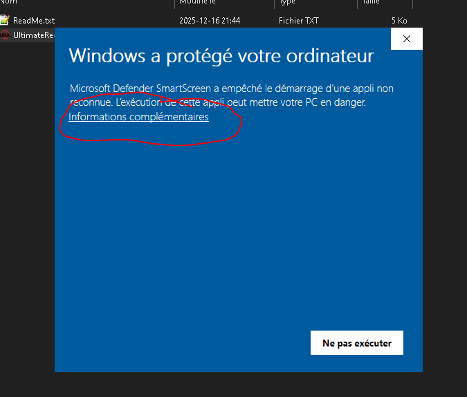 EN: Windows may show a SmartScreen warning. Click More info. (The app isn’t signed—this is normal.) FR : Windows peut afficher un avertissement (SmartScreen). Clique sur Informations complémentaires / Plus d’infos. (Le programme n’est pas signé, c’est normal.)