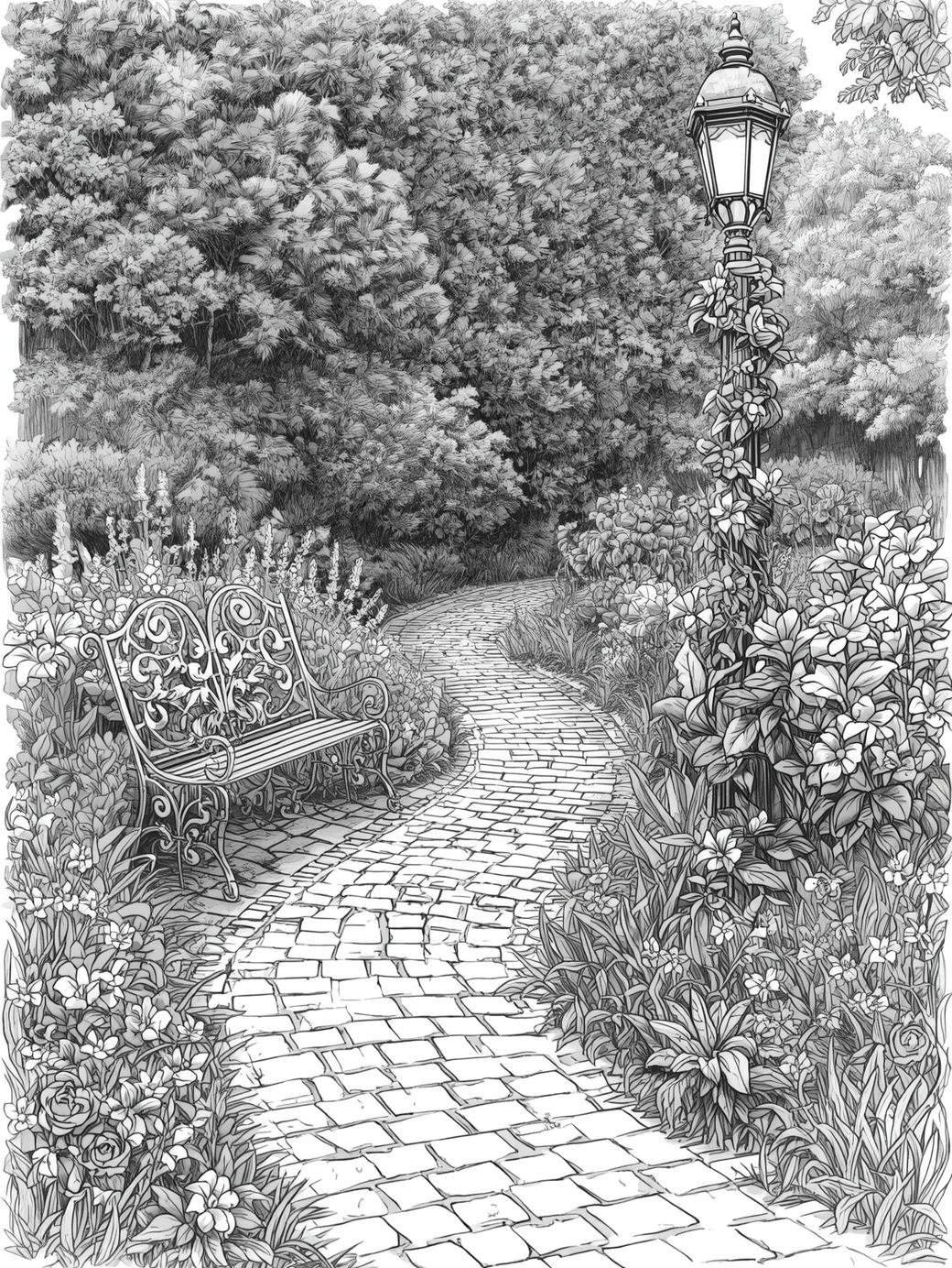 Hand-drawn garden fountain illustration with detailed stone textures and greenery, high-resolution PDF coloring sheet.