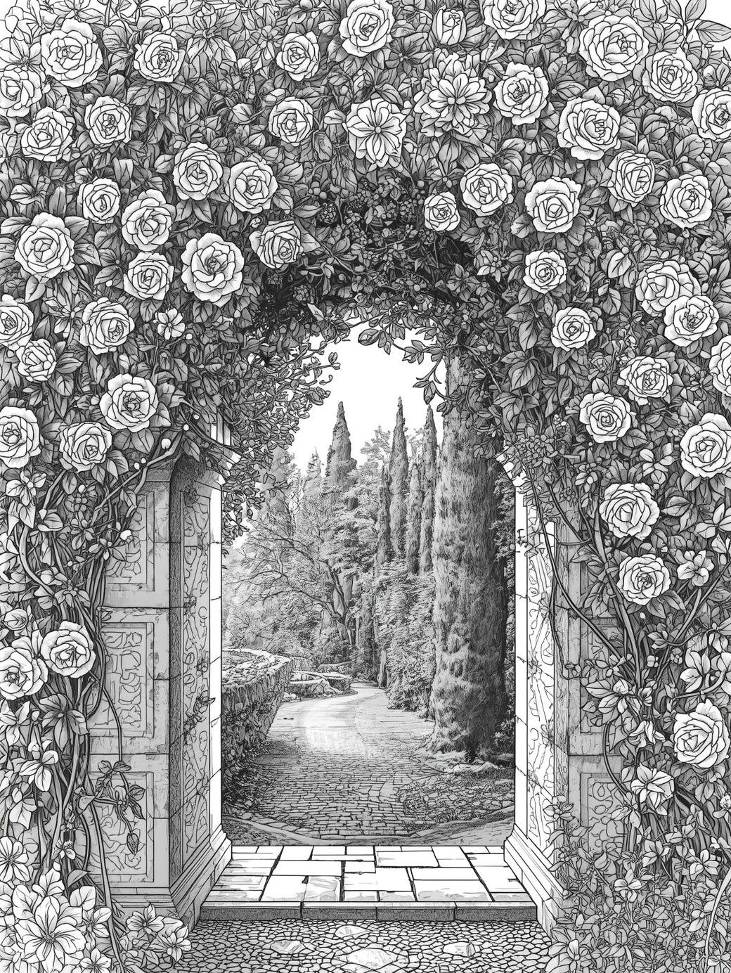 Intricate line art of a classical garden archway with climbing roses, printable architectural coloring page for adults.