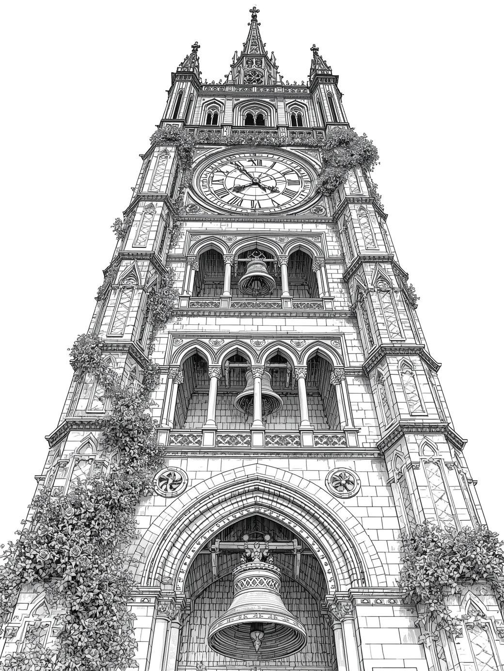 Intricate Gothic cathedral facade line art with stained glass windows and gargoyles, architectural coloring page.