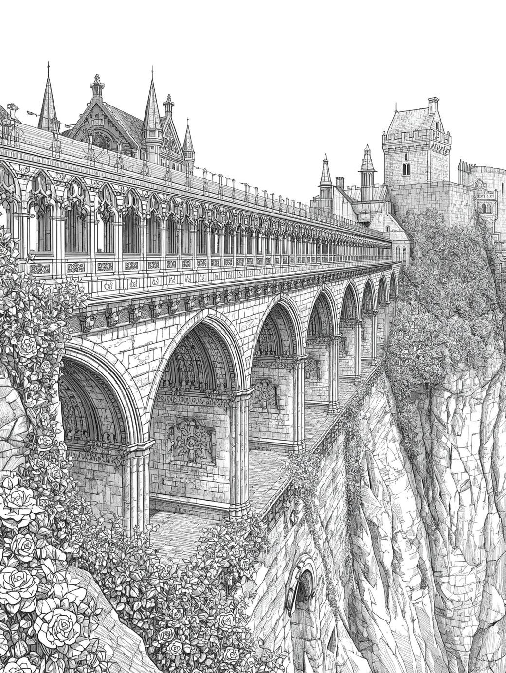 Medieval Gothic interior illustration with pointed arches and ribbed vaults, printable PDF coloring for adults.