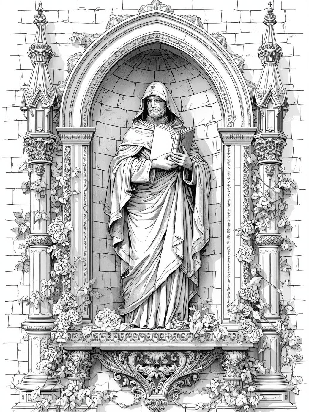Intricate line art of a Gothic gargoyle on a stone cathedral ledge, architectural coloring page for adults.