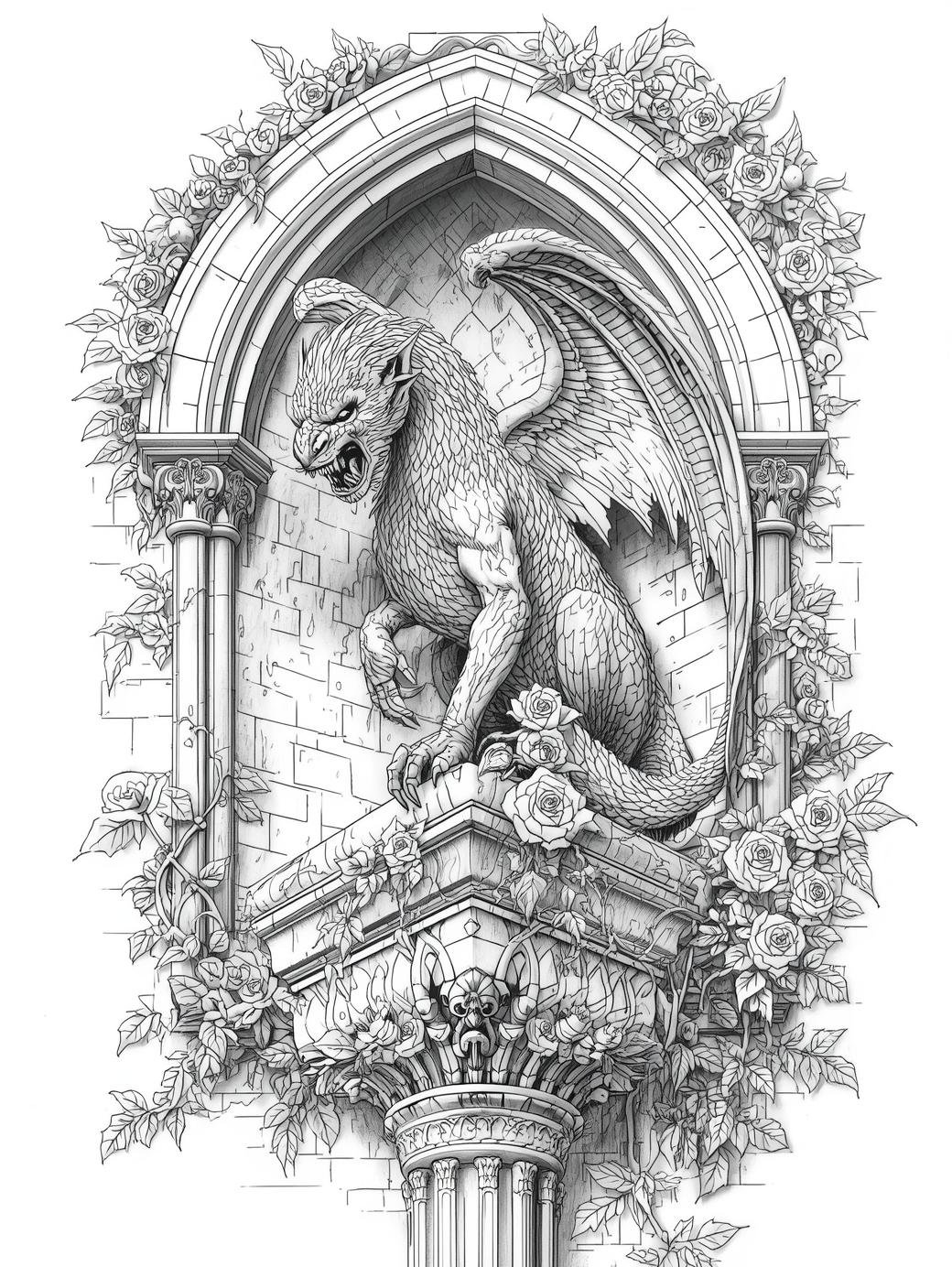Intricate line art of a Gothic gargoyle on a stone cathedral ledge, architectural coloring page for adults.