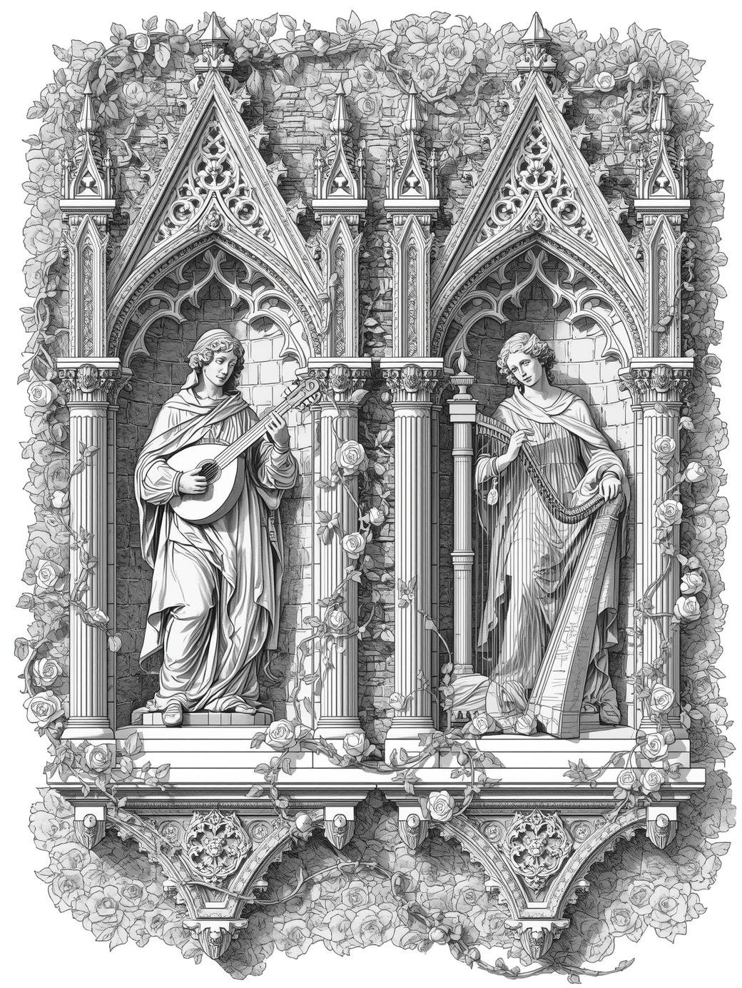 Intricate line art of a Gothic gargoyle on a stone cathedral ledge, architectural coloring page for adults.