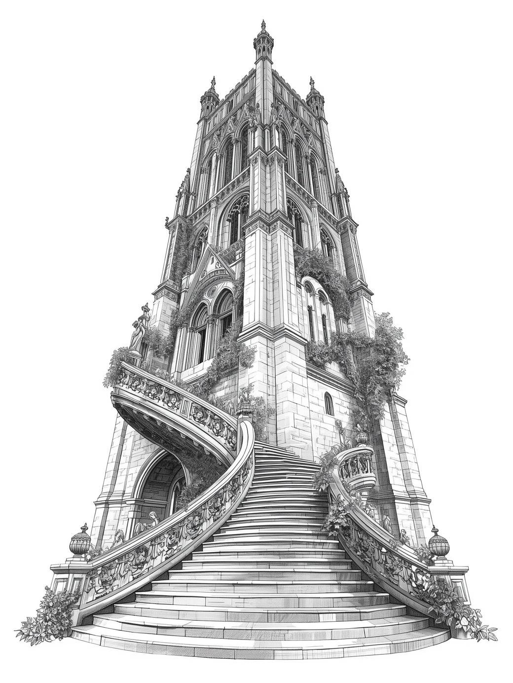 Medieval Gothic interior illustration with pointed arches and ribbed vaults, printable PDF coloring for adults.