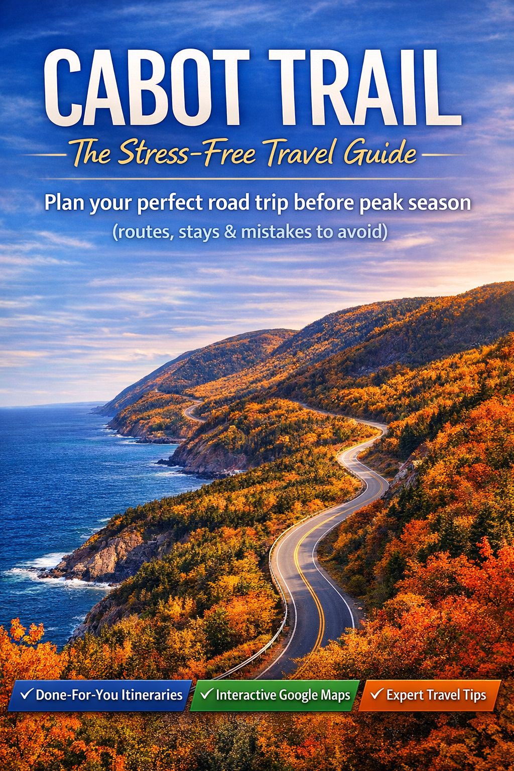 Cabot Trail 2026 Stress-Free Travel Guide PDF cover – scenic Nova Scotia road trip with moose on cliff and fall foliage