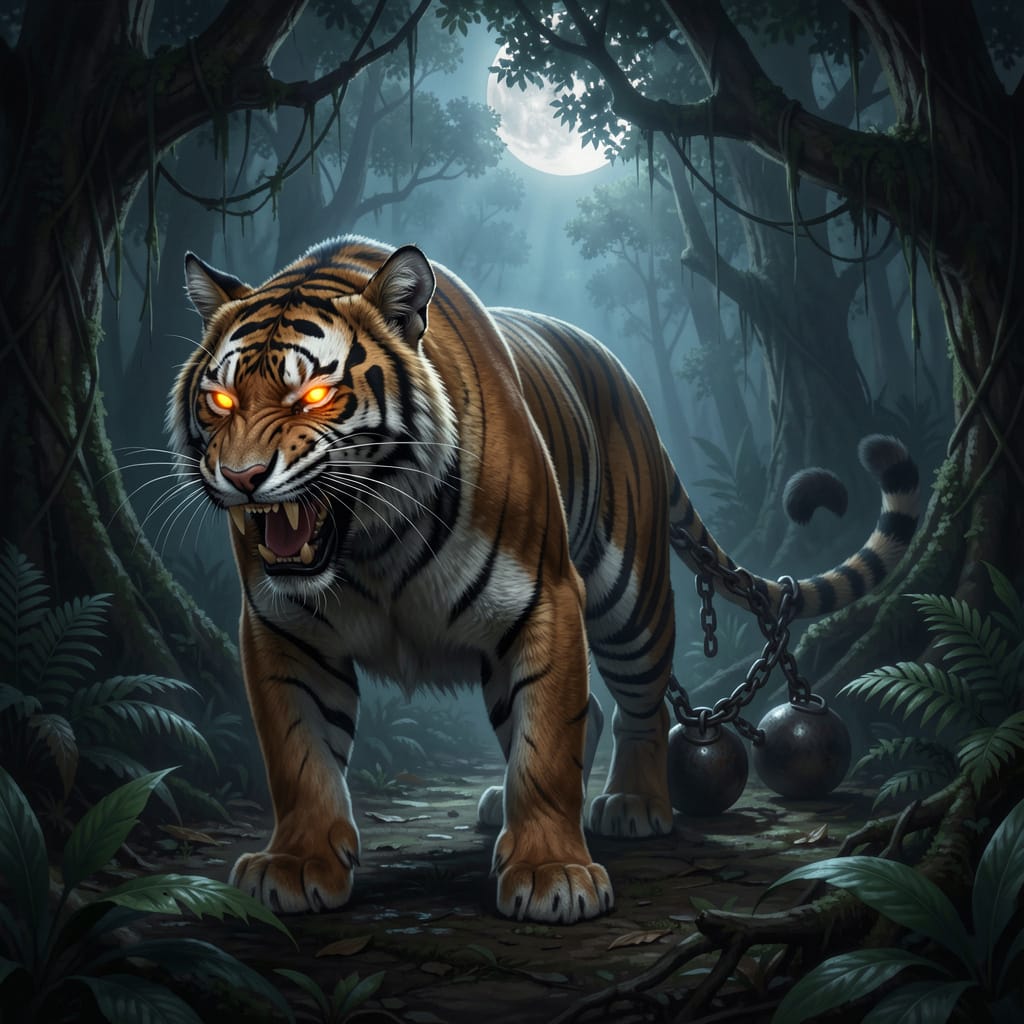 Tiger with a ball and chain