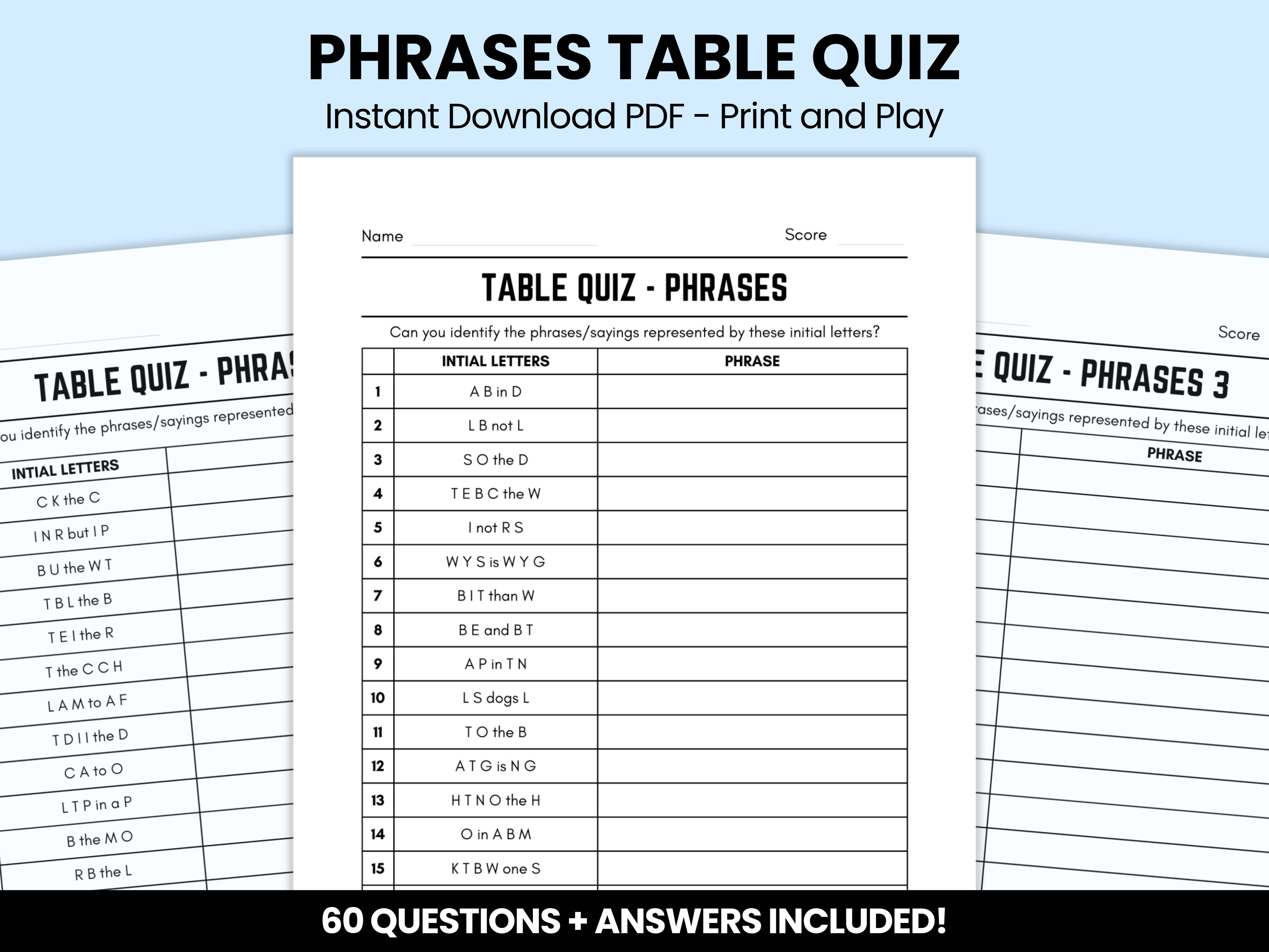 Fast Table Type Questions Phrases Table Quiz With Answers β Instant Download