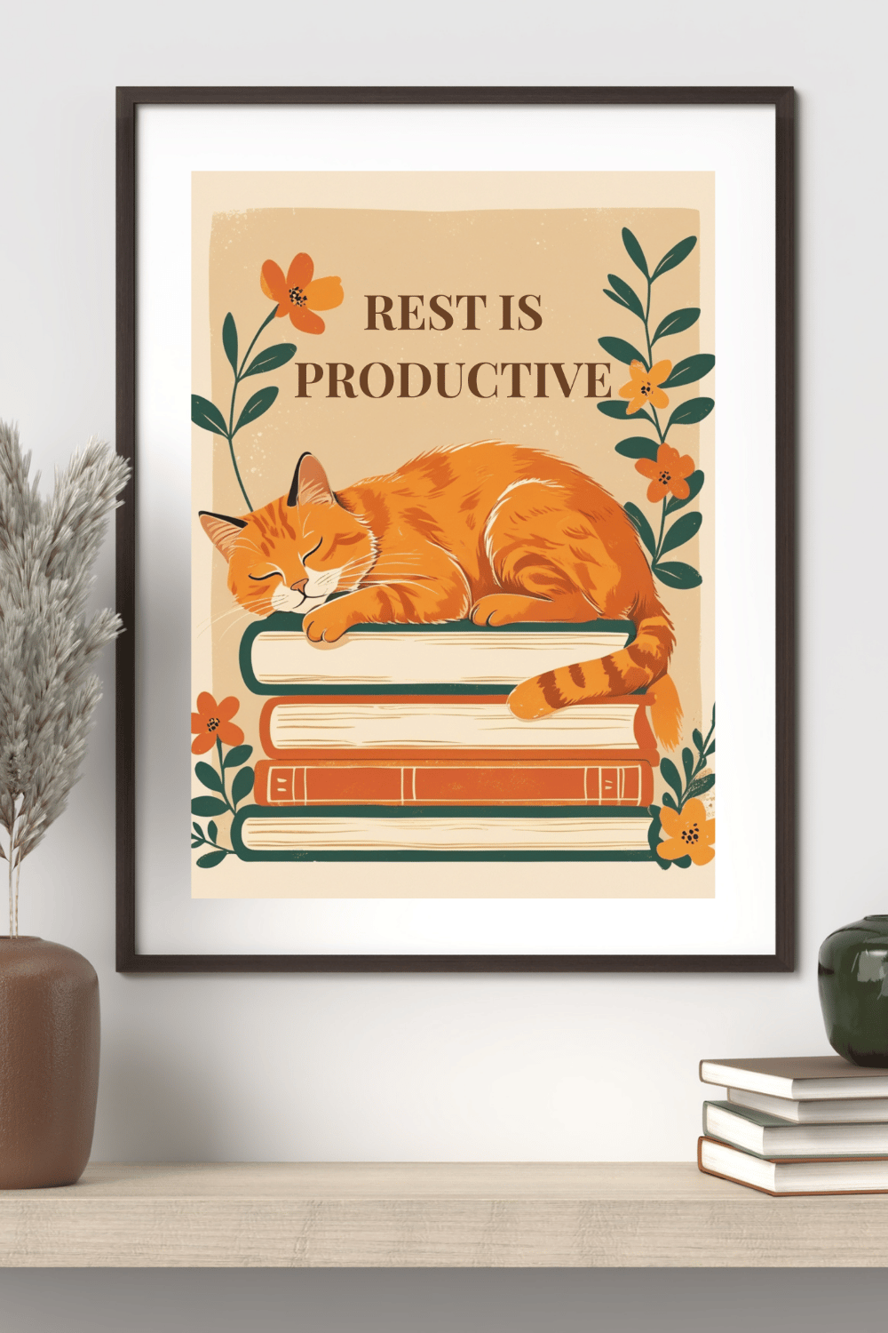 Rest is productive cat wall art print in dark brown frame on white wall next to beige ceramic vase and green plant - vintage printable poster featuring orange tabby cat sleeping on books with botanical flowers