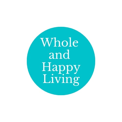 Blue circle logo with the words Whole and Happy Living written in white lettering