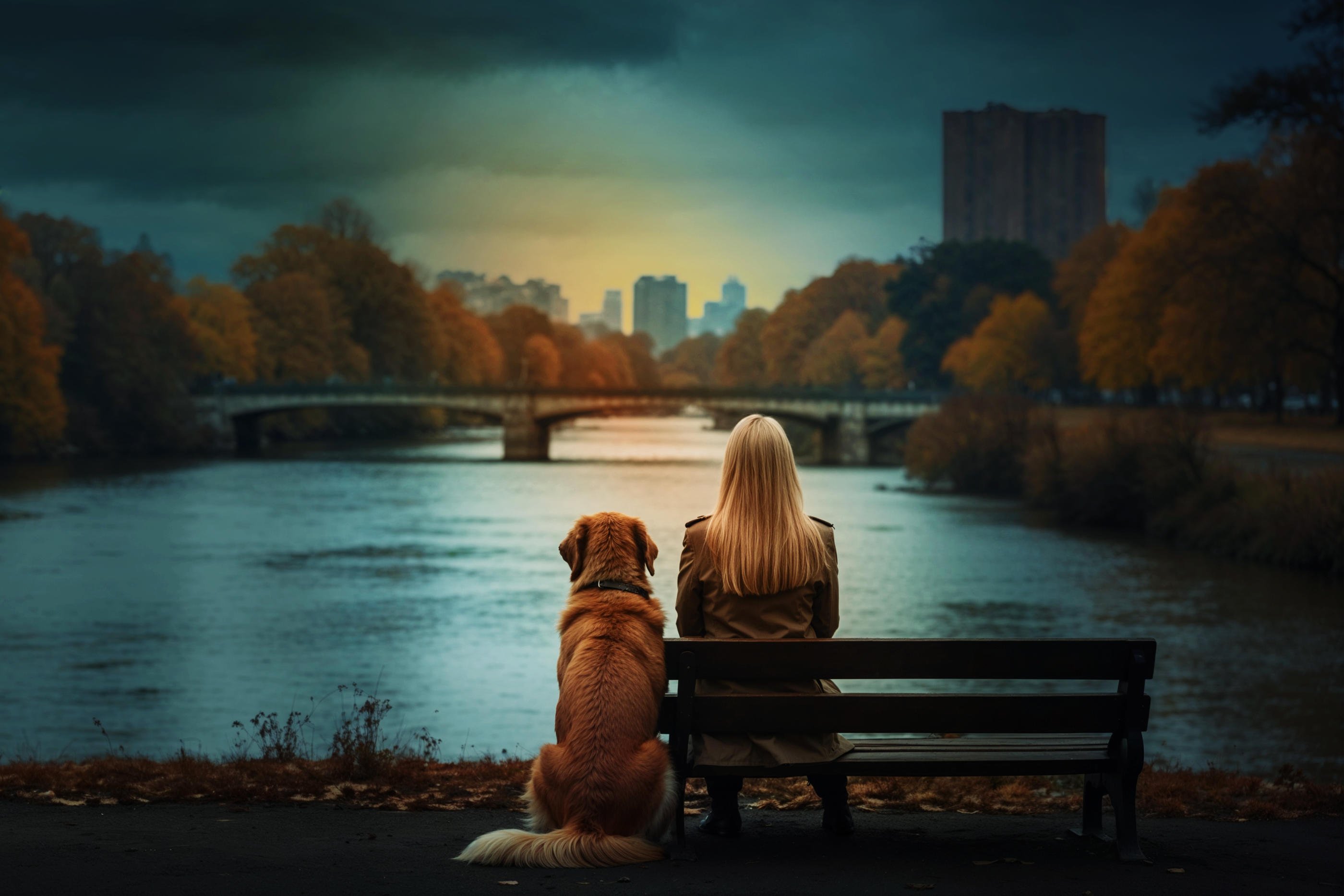 A woman and her dog look over a river to a city skyline in autumn.