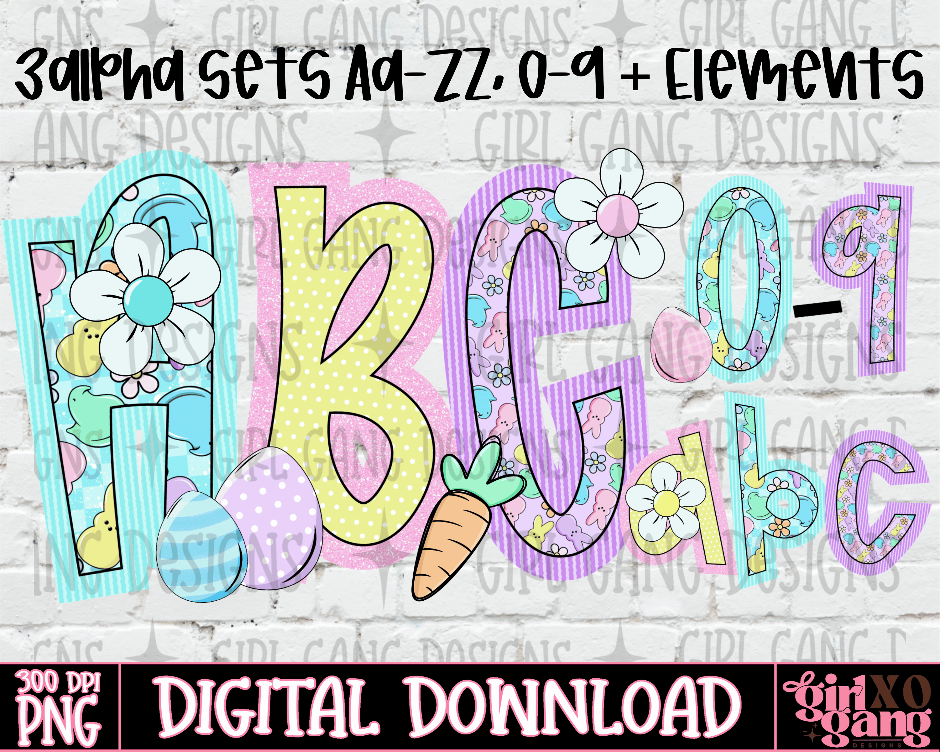 Easter outline alpha set | 3 alpha/numeric sets elements, - Payhip
